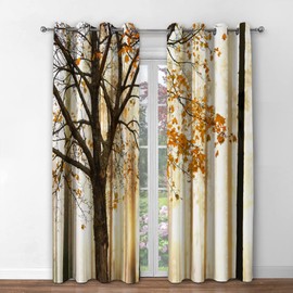 Jekeno Fall Tree Blackout Curtains Autumn Maple Tree Yellow Orange Leaves Brown Branch Wooden Nature Tree Decor Bedroom Living Room Grommet Window Drapes 2 Panel Set, 42"x54"