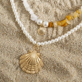 Bohemian Beach Charm Necklace for Women Imitation Pearl Gold Plated Layered Sequins Conch Starfish Shell Choker Stacked Beach Jewelry Holiday Summer Beaded Necklace Set Gifts-H