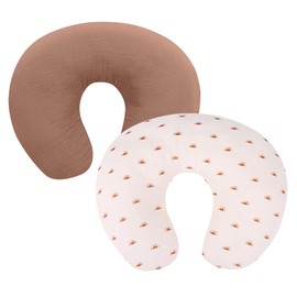 Winmany 2 Pack Muslin Nursing Pillow Covers Soft Cotton Newborn Breastfeeding Pillow Cover Baby Removable Feeding Pillow Slipcover for Boys Girls (Light Brown + Sun)