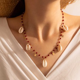 Inilbran Bohemia Cowrie Shell Necklace Vintage Cowrie Shell Necklace Choker Summer Beach Shell Necklace Gold Star Dangle Necklace Jewellery for Women and Girls, Zinc