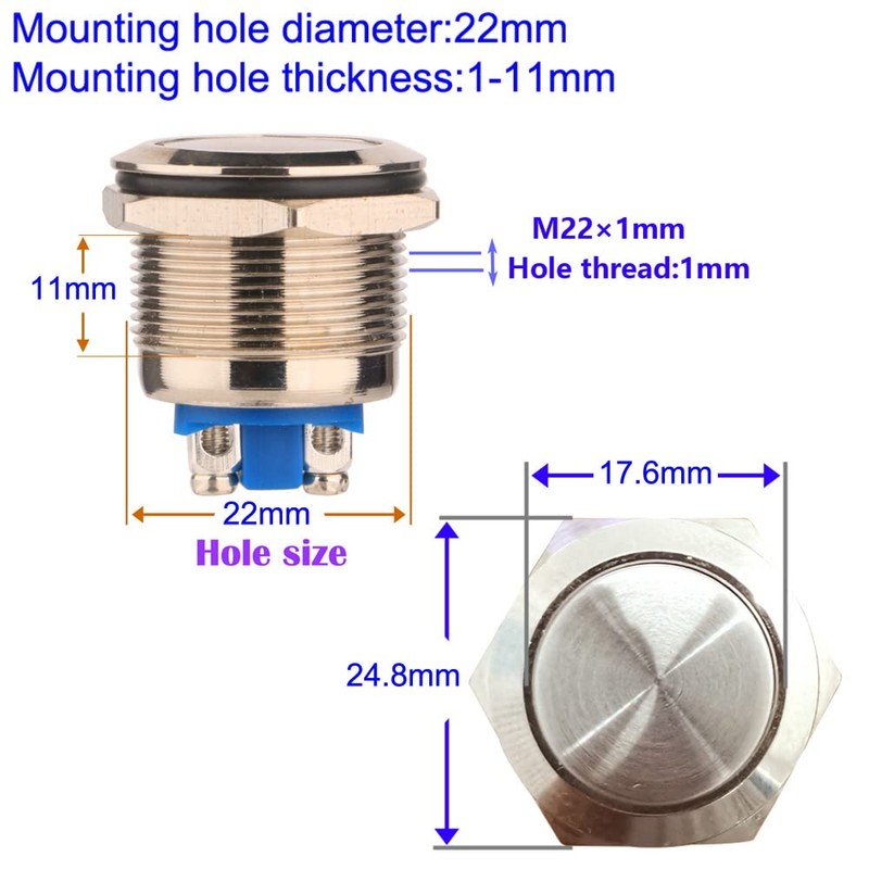 Made 2pcs 22mm 2A/12V/24V/125V/250V Momentary Pushbutton Screw Terminals Stainless Steel