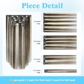 Ukira Blonde Highlights Hair Extensions for Women Clip in, 22 Inch 70g 7pcs Medium Brown Mixed Bleach Blonde Clip in Hair Extensions, Natural Straight Remy Human Hair Clip in Extensions for Women