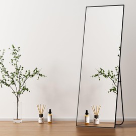 Full Length Mirror with Stand,Full Body Mirror for Living Room and Dressing Room,57"x20" Aluminum Alloy Frame,Hanging or Leaning for Wall,Rectangular, Black