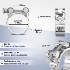 Poppstar Set of 2 hinge bolt clamps stainless steel hose clamps clamping range 40-43 mm, band width 20 mm, W4