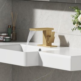 Hoimpro Bathroom Waterfall Sink Vanity Faucet with Pop-up Drain and cUPC Water Supply Line 6 Inch Deck Plate, Single Handle One 1 Hole, Stainless Steel Brushed Gold