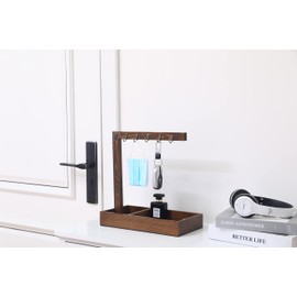 POKHDYE Wood Entryway Tabletop Key Holder Rack，Rustic Burnt Decorative Organizer with Storage Tray and Brass Tone Hooks，Jewelry Key Stand Hanging Organizer