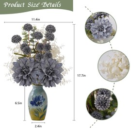 ZYZEV Fake Flowers with Small Hand-Painted Vase,17" Blue Artificial Flowers Bouquet in Ceramic Vase,Silk Flower Eucalyptus Arrangements for Home Dining Living Room Office Coffee Table Decorations