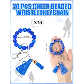 Henoyso 20 Pcs Cheer Beaded Wristlet Keychain Bulk Cheer Bow Keychain Sparkle Megaphone Key Ring Women Accessories Team Gift(Blue)