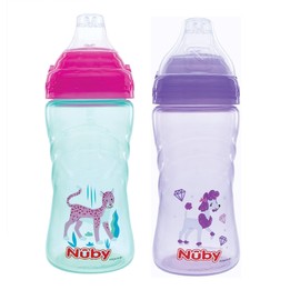 Nuby No Spill Printed Thirsty Kids No-Spill Sip-it Sport Cup with Soft Spout and Lid - 12oz / 360 ml, 12+ Months, Pack of 2, Pink/Purple