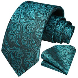 HISDERN Men's Tie Teal Paisley Floral Ties and Pocket Square Set