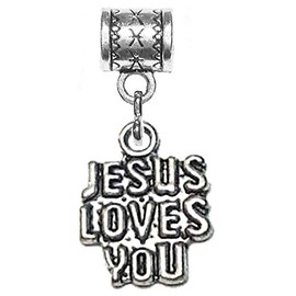 Jesus Loves You charm in antique silver by Mossy Cabin for modern large hole snake chain charm bracelet, or add to a neck chain, pendant necklace or key chain. With free 2018 charm!