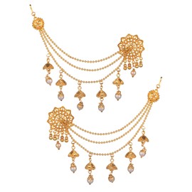 Efulgenz Indian Bollywood Jewelry 14K Gold Plated Dangling Earring with Layered Jhumka Tassels Ear Support Chain Hair Accessory gold