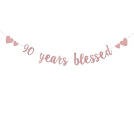 DONGLYJL Glitter Rose Gold 90 years blessed Banner, Pre-Strung,90th Birthday/Wedding Anniversary Party Decorations Bunting Sign Backdrops,90 years blessed