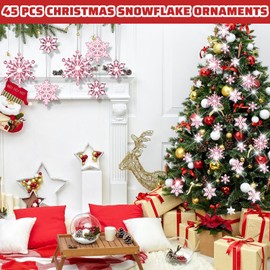 45 Pieces Acrylic Snowflake Ornaments 3 Styles Crystal Clear Plastic Xmas Tree Pendant for Christmas Winter Snow Theme DIY Decorations (Pink)