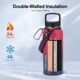 Trebo 32oz Water Bottle Insulated with Paracord Handle and Straw,Vacuum Double Wall Stainless Steel Water Jug Keep Cold 48 Hours, Water Flask with 3 Lids for Men Women Sports,Travel