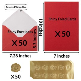 Homtable 50 Pack A7 Christmas Shiny 5x7 Envelopes Red Green with Shiny 5x7 Cards and Gold Stickers for Christmas Invitations and Greeting Cards (5x7)
