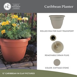 The HC Companies 20 Inch Caribbean Planter Pots w/Drainage & Plug, Rolled Rim Plastic Planters for Outdoor Plants, 2-Pack Decorative Flower Pots for Garden, Patio, Office & Home Decor, Cottage Stone