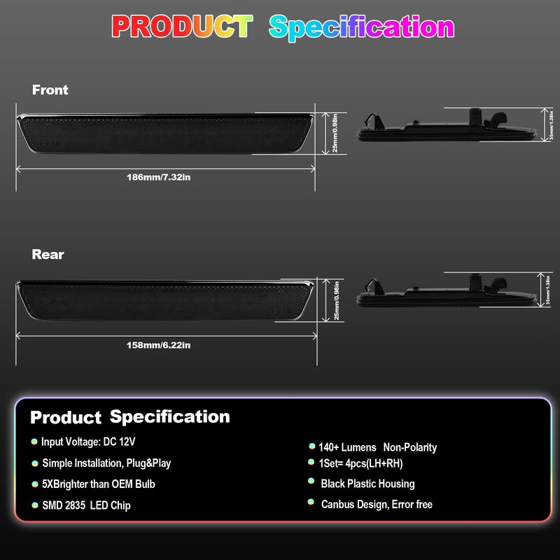 litzland Full LED RGB Side Marker Lights Compatible with Dodge