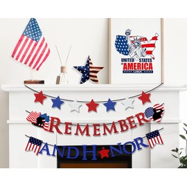 Memorial Day Banner Glittery Remember and Honor Banner Red White Blue Patriotic Decor Memorial Day Party Supplies 4th of July Veterans Day Decorations