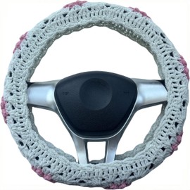 Crochet Steering Wheel Cover,Sun Flower Granny Square Steering Wheel Covers, 14-17 inch, Universal fit，Boho Car Accessories，for Men, Women and Girly,White and Pink (A Wheel Cover)