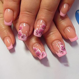 Pink Flower Press on Nails Short Square SWEKKE French Tip Fake Nails Floral False Nails with Cherry Blossom Sakura Designs Full Cover Glossy Glue on Nails Spring Acrylic Nails for Women Girls 24 Pcs