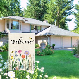 Louise Maelys Welcome Spring Summer Floral Garden Flag 12x18 Double Sided, Burlap Small Vertical Bee Spring Garden Yard Flags for Outside Outdoor House Seasonal Decoration (ONLY FLAG)