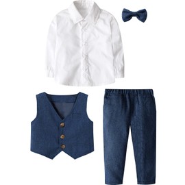 A&J DESIGN Traje para Bebé Niño Formal Ropa Elegante en Espiga con Forro de Boda con Chaleco, Camisa, Pantalones y Pajarita, Marino, 2-3 Años