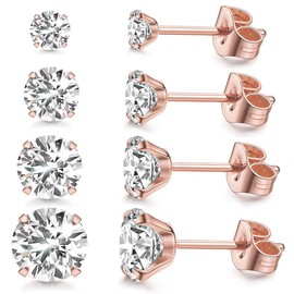 SJBAUTYO 4 Pairs of Men's Earrings, Silver, Medical Stud Earrings, 316L Surgical Steel Stud Earrings, Hypoallergenic Stainless Steel Earrings Set, Zirconia Stud Earrings for Men Women Unisex, Rose