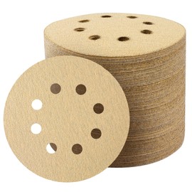 Shaywa 100 Pack 5 Inch 8 Hole Hook and Loop Gold Sanding Discs 80 Grit Orbital Sander Pads Sandpaper for Orbital Sander Sand Paper for Automotive and Woodworking