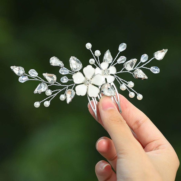 Zoestar Flower Hair Combs Bridal Silver Pearl Crystal Headpiece Bridal Hair Accessories for Women and Girls