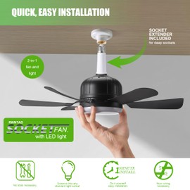 Socket Ceiling Fan Light with Remote and 1 Socket Extender, E27 Based Easy Install, Replacement for Indoor -Bedroom, Kitchen and Living Room, 3 Color Stepless Dimming (Black)