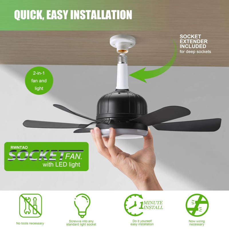 Socket Ceiling Fan Light with Remote and 1 Socket Extender,