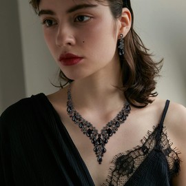 BriLove Women's Wedding Bridal Austrian Crystal Teardrop Flower Leaf Vine Cluster Statement Necklace Dangle Earrings Jewelry Set Black Black-Tone