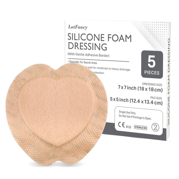 LotFancy Sacral Foam Dressing, 7"x 7", 5 Count, Silicone Foam Dressing, Wound Dressing with Border, Sacrum, Bed Sores, Pressure Ulcers Healing Bandage Pad, Highly Absorbent, Waterproof