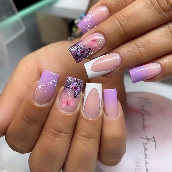 Square Fake Nails French Tip Press on Nails Medium Butterfly