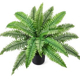 FineCheer Fake Ferns Potted Plant Faux Boston Bush in Pot Artificial Greenery Fern Plant for Spring Summer Patio Garden Farmhouse Windowsill Entrance Porch Office Living Room Decor(18 Leaves)