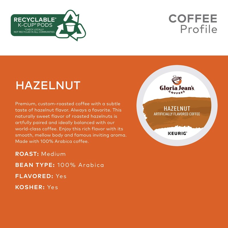 Gloria Jean's Coffees Hazelnut, Single-Serve Keurig K-Cup Pods, Flavored Medium
