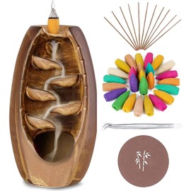 Anbar Backflow Incense Burner with 120 Cones, 30 Sticks, Tongs, and Table Mat, Natural Aromatherapy with Ceramic Smoke Waterfall, Supports Meditation and Relaxation, Home Decor (Brown)