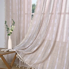 Boho Curtains for Bedroom Living Room 63 Inches Long Semi Blackout Farmhouse Embroidery Curtains 2 Pannels Set Cotton Linen Window Curtain Panel, Bohemian Tassel Curtain Drapes, 55" W x 63" L,Coffee