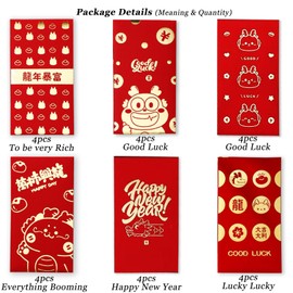 24PCS Chinese Red Envelopes, Chinese New Year Red Pocket for the Year of Dragon 2024,Lucky Money Envelope for Chinese Spring Festival,6 Designs for All Occations