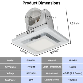 EINTTAX 10 Inch Panel Bathroom Exhaust Fan with Light, 77CFM 1.1 Sones Square Quiet Bathroom Fan with 12W 6500K LED Light Combo, 4 Inch Duct Ceiling Mount Exhaust Fan for Home/Bath/Office/Hotel, White