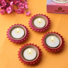 SATVIK 12 Pc Multicolor Surya Metal Diya Floral Lotus Flower Shape Tea Light Holder Oil Lamp Christmas Indoor Home Mandir Pujan Pooja Office Temple Decor Dia Indian Housewarming Return Gift Items Pack
