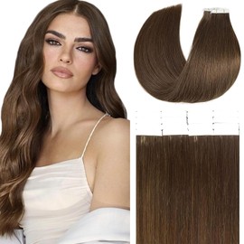 Loxxy Hair Extensions Real Human Hair Tape in Double Sides Invisible Straight Seamless PU Medium Brown Natural Hair Extensions Tape in Human Hair Skin Weft 14Inch 50 Grams 20 Pieces Glue on Hair