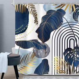Cinbloo Blue Boho 72Wx72H Shower Curtain Mid Century Modern Tropical Abstract Emerald Gold Leaves Monstera Palm Plant Bathroom Curtain Set Minimalist Arch Bath Bathroom Accessories Decor