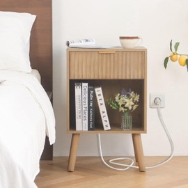 Fultyle Wood Nightstand with Charging Station, Bedside Table with Fluted Drawers and Outlet, Boho Night Stand for Bedroom, Living Room, Office (Rustic Walnut)