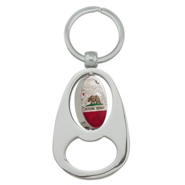 Rustic Distressed California State Flag Keychain Chrome Metal Spinning Oval Bottle Opener