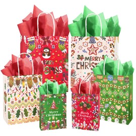 qiqee Christmas Paper Gift Bags with Tissue Paper Handles Assorted Sizes 30PCS Merry Christmas Bags(10pcs Large 12", 10pcs Medium 11", 10pcs Small 8"，60pcs Tissue Paper)