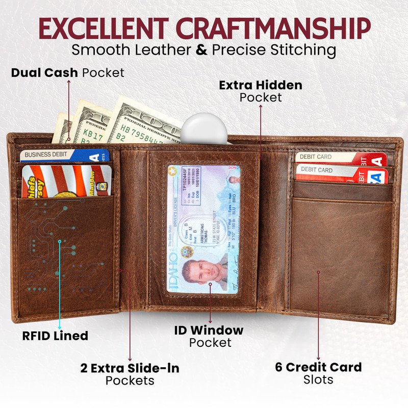 BULL GUARD RFID Genuine Leather Trifold Wallets for Men ID