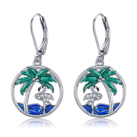 Flamingo Earrings Sterling Silver Flamingo Palm Tree Dangle Earrings Flamingo Jewellery Gifts for Women