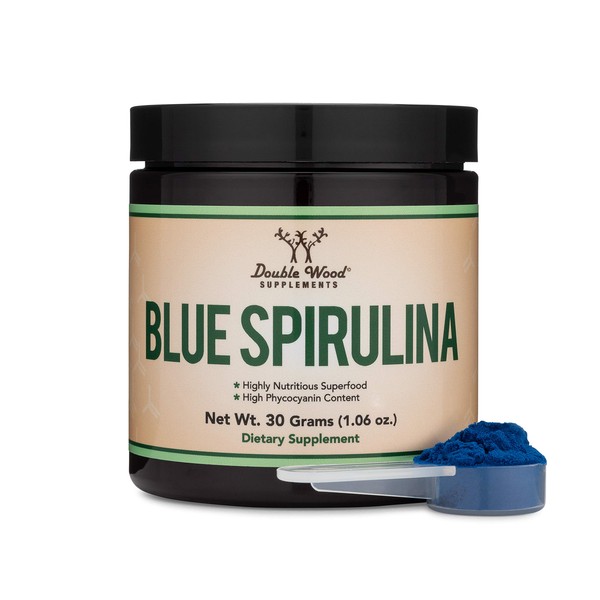 Blue Spirulina Powder - Maximum 35% Phycocyanin Content, Superfood Powder from Blue-Green Algae, Mixes into Smoothies and Protein Drinks, Natural Food Coloring (One Month Supply) by Double Wood